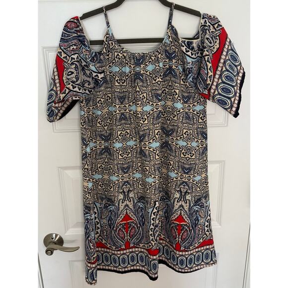 Alter’d State Cold Shoulder Boho Mini Dress S Blue Red Paisley Print - Picture 2 of 5